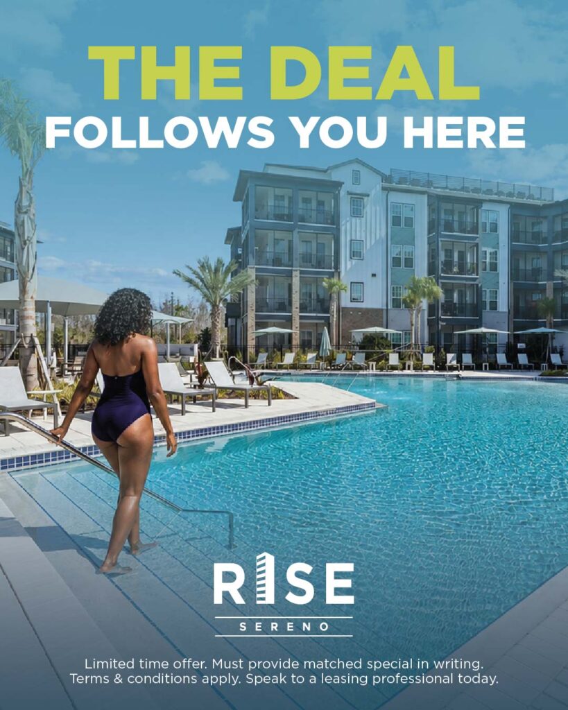 Woman at a luxurious pool with modern apartments; The Deal Follows You Here text. Rise Sereno promotion.
